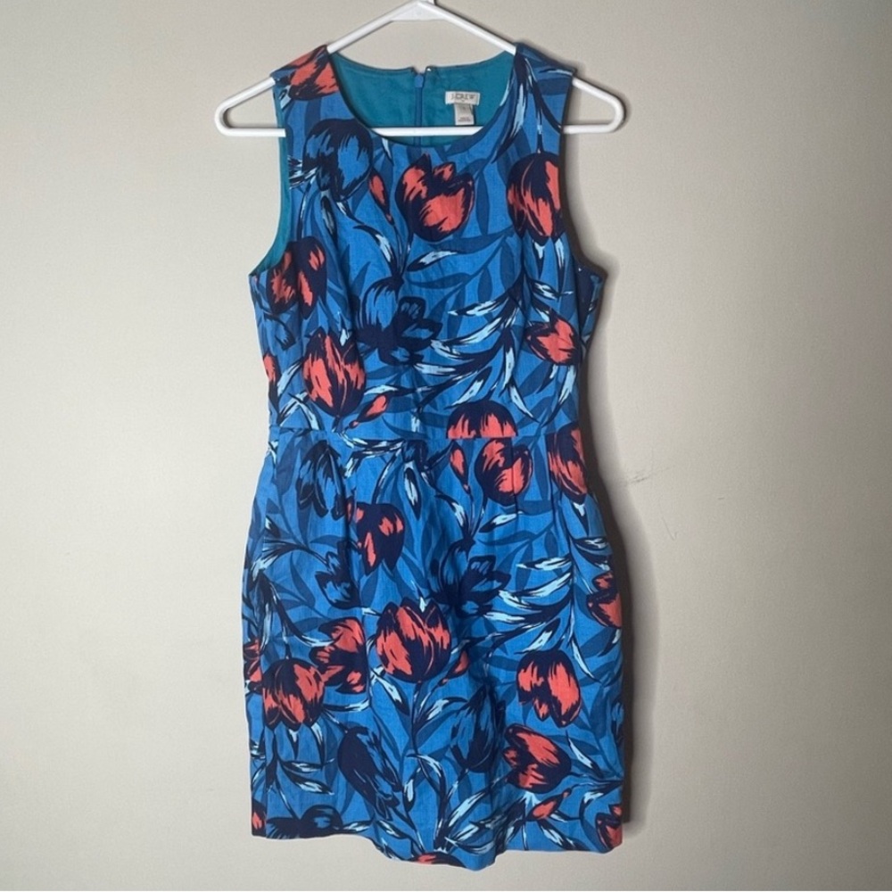 J.Crew blue and red floral tulip print sleeveless fitted cotton mini dress